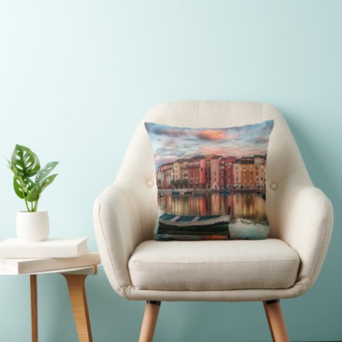 Colorful Italian Harbor Sunset Watercolor Throw Pillow