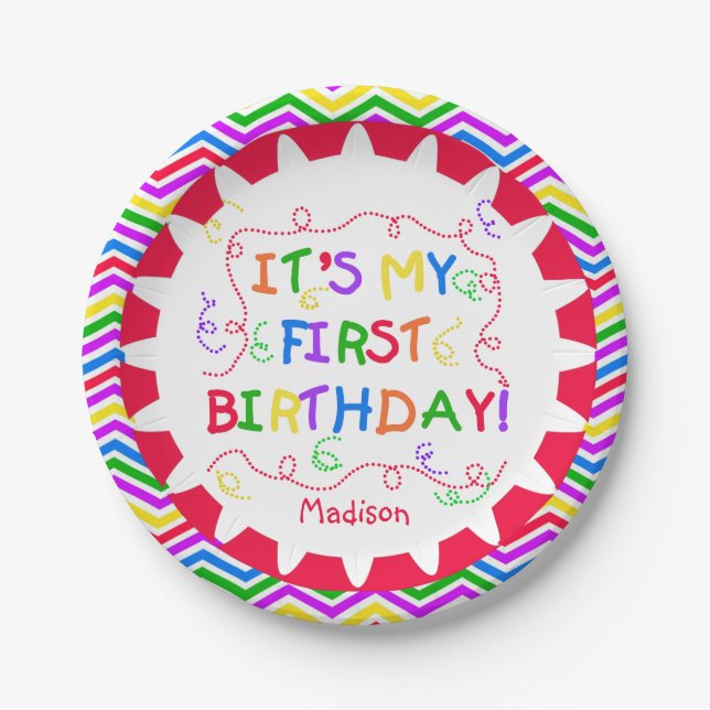 Colorful It's My First Happy Birthday Paper Plates (Front)