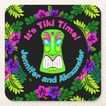 Colorful It's Tiki Time Square Paper Coaster by elizme1 at Zazzle