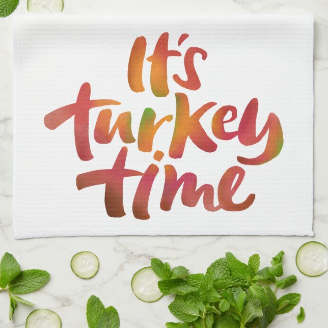 Colorful It's Turkey Time Thanksgiving Saying Kitchen Towel (Folded)