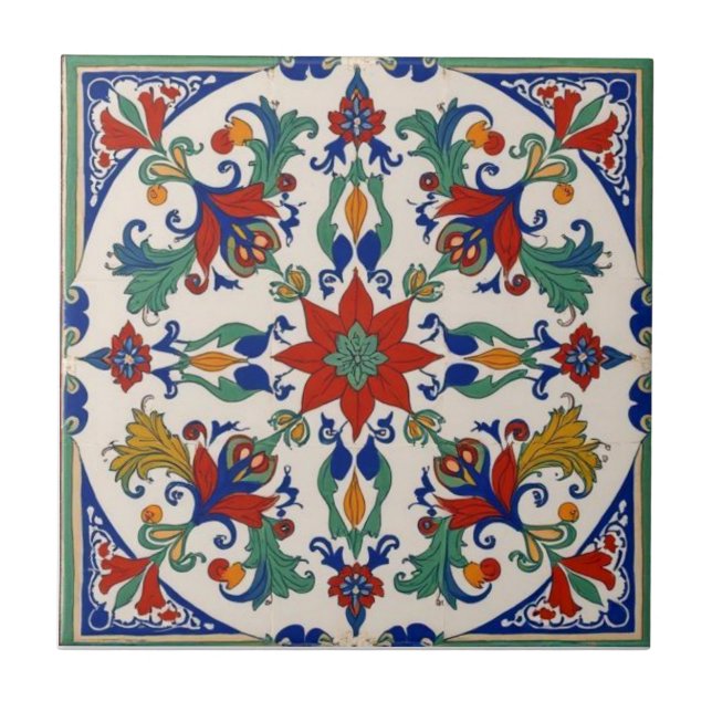 Colorful Iznik Persian Turkish Handpainted Repro Ceramic Tile (Front)
