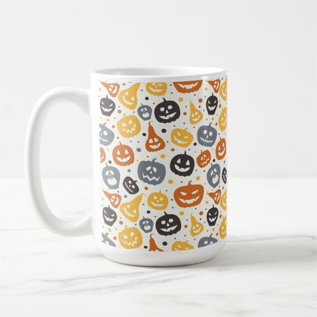 Colorful Jack-O'-Lantern Faces Pattern Coffee Mug (Left)