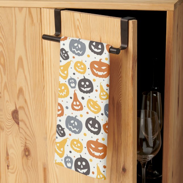 Colorful Jack-O'-Lantern Faces Pattern Kitchen Towel (Thirds Fold)