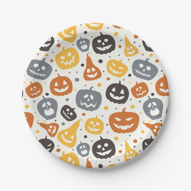 Colorful Jack-O'-Lantern Faces Pattern Paper Plates (Front)