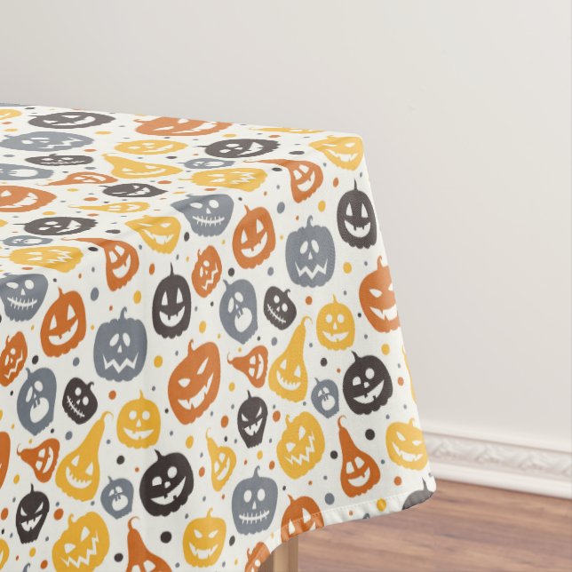Colorful Jack-O'-Lantern Faces Pattern Tablecloth (In Situ)