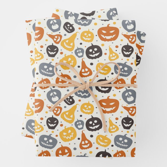 Colorful Jack-O'-Lantern Faces Pattern Wrapping Paper Sheets (In situ)