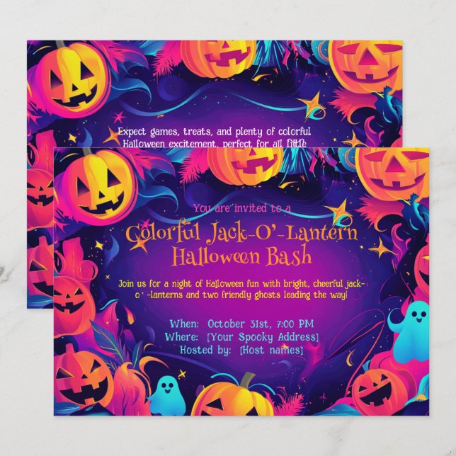 🎃Colorful Jack-O’-Lantern  Halloween Bash Invitation (Front/Back)