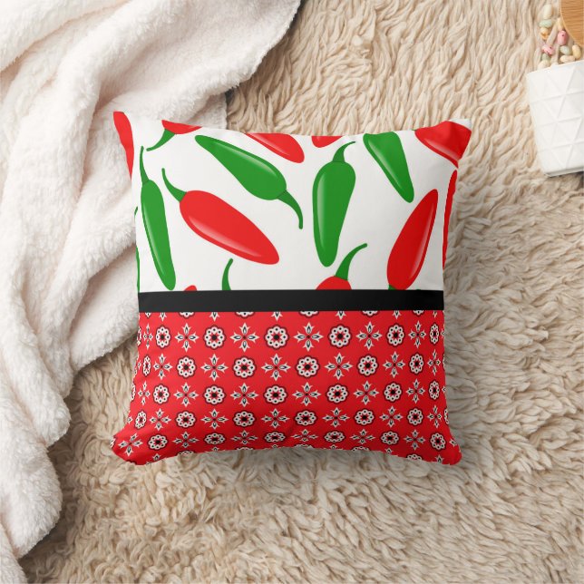 Colorful Jalapeño Peppers and Bandana Print Throw Pillow (Blanket)