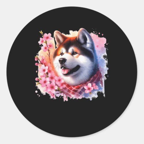 Colorful Japanese Akita In Cherry Blossoms Waterco Classic Round Sticker