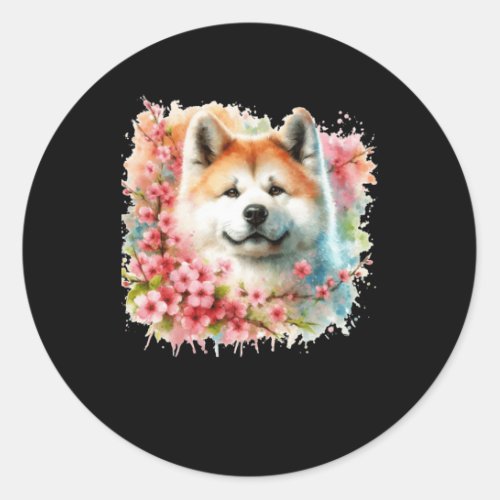 Colorful Japanese Akita In Cherry Blossoms Waterco Classic Round Sticker