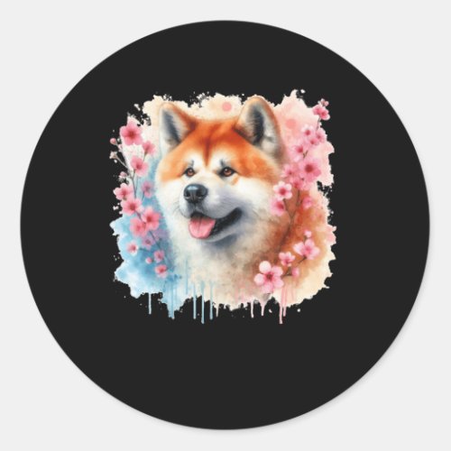 Colorful Japanese Akita In Cherry Blossoms Waterco Classic Round Sticker