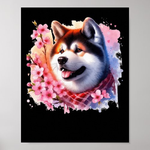 Colorful Japanese Akita In Cherry Blossoms Waterco Poster