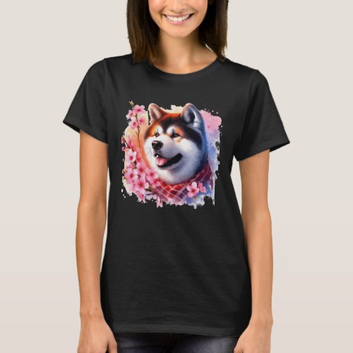 Colorful Japanese Akita In Cherry Blossoms Waterco T_Shirt