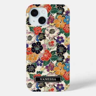 Colorful Japanese Flowers Monogrammed iPhone 15 Case