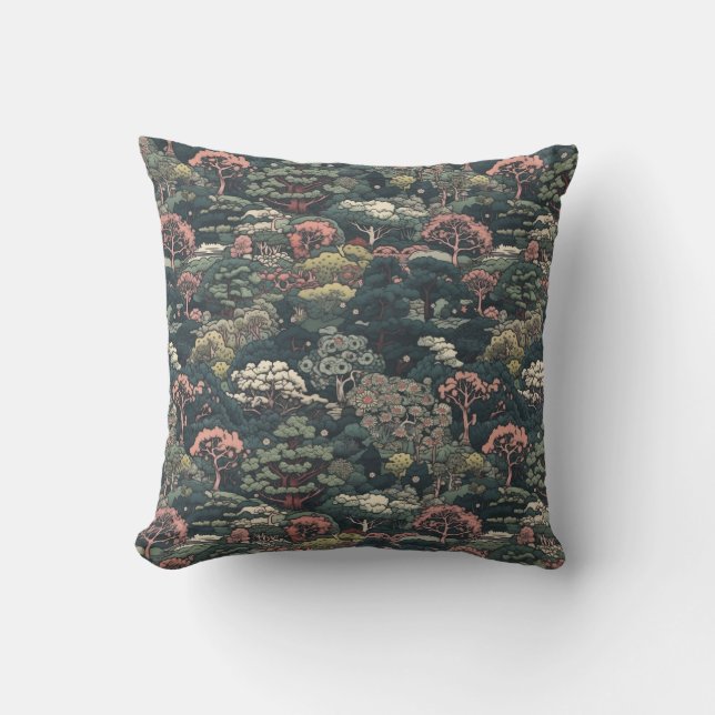Colorful Japanese Forest Throw Pillow (Front)