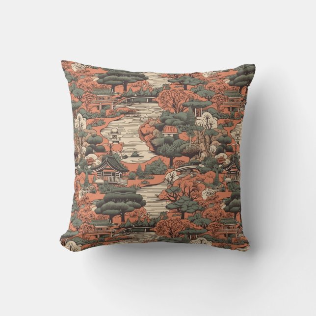 Colorful Japanese Garden Throw Pillow (Front)