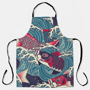 Colorful japanese Koi/carp fish in the wave seamle Apron