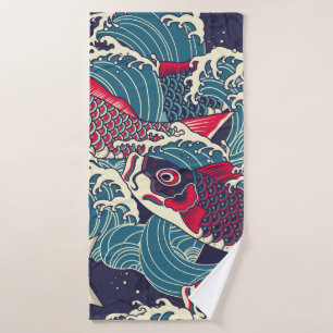 Colorful japanese Koi/carp fish in the wave seamle Bath Towel