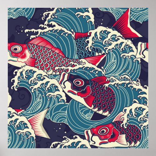 Colorful japanese Koicarp fish in the wave seamle Poster