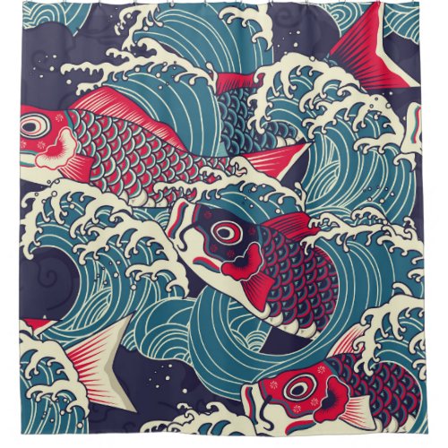 Colorful japanese Koicarp fish in the wave seamle Shower Curtain