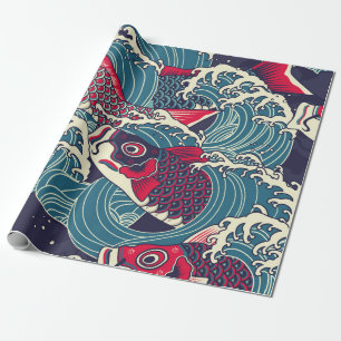 Colorful japanese Koi/carp fish in the wave seamle Wrapping Paper