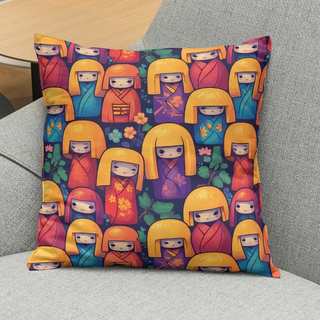Colorful Japanese Kokeshi Dolls Pattern Throw Pillow (Creator Uploaded)