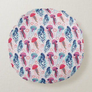 Colorful Jelly fishes Round Pillow