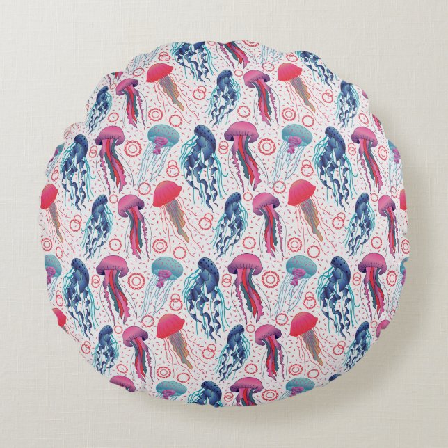 Colorful Jelly fishes Round Pillow (Front)