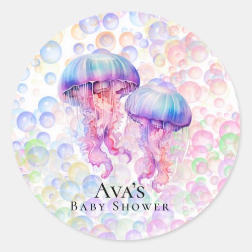 Colorful Jellyfish and Bubbles Girl Baby Shower Classic Round Sticker