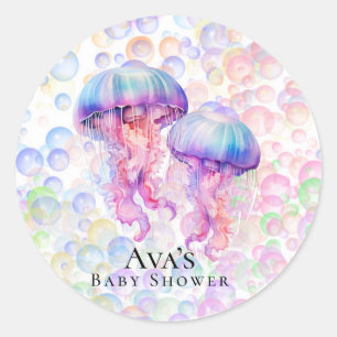 Colorful Jellyfish and Bubbles Girl Baby Shower Classic Round Sticker