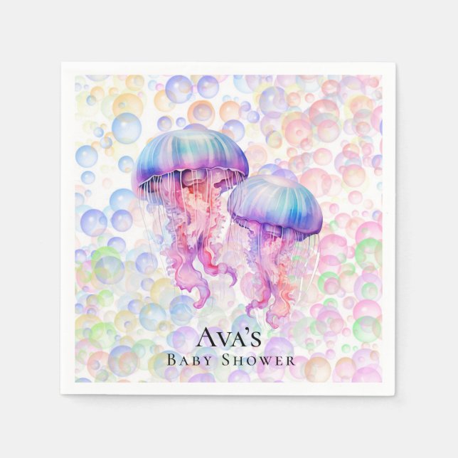 Colorful Jellyfish and Bubbles Girl Baby Shower Napkins (Front)
