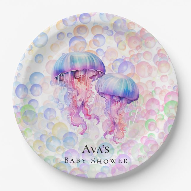 Colorful Jellyfish and Bubbles Girl Baby Shower Paper Plates (Front)
