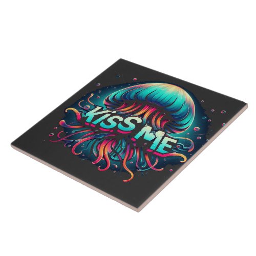 Colorful Jellyfish Illustration With Kiss Me Text  Ceramic Tile