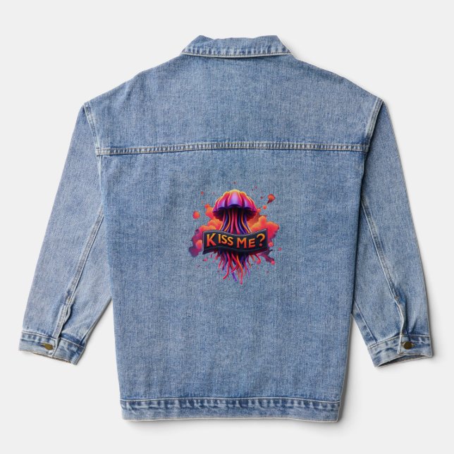 Colorful Jellyfish Illustration With Kiss Me Text  Denim Jacket (Back)