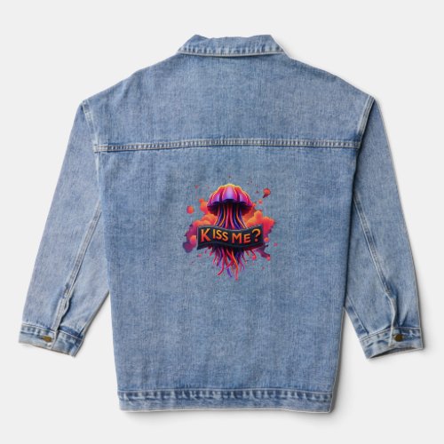 Colorful Jellyfish Illustration With Kiss Me Text  Denim Jacket
