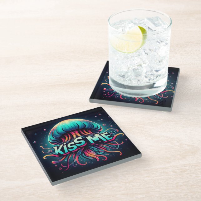 Colorful Jellyfish Illustration With Kiss Me Text  Glass Coaster (Angled)