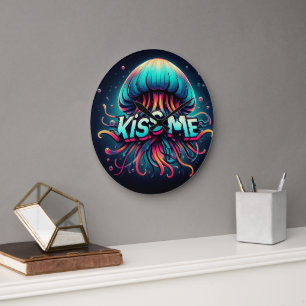 Colorful Jellyfish Illustration With Kiss Me Text Large Clock