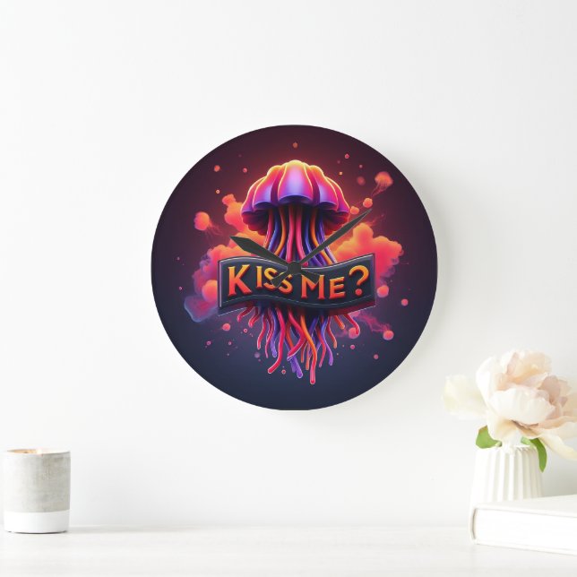 Colorful Jellyfish Illustration With Kiss Me Text  Large Clock (Home)