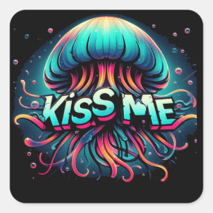 Colorful Jellyfish Illustration With Kiss Me Text Square Sticker