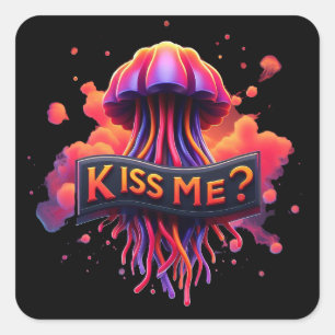 Colorful Jellyfish Illustration With Kiss Me Text Square Sticker