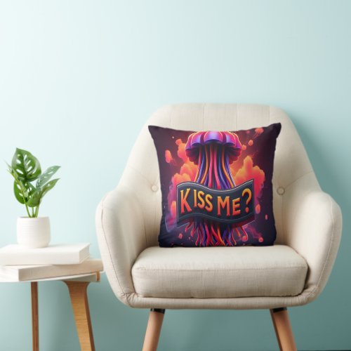 Colorful Jellyfish Illustration With Kiss Me Text  Throw Pillow