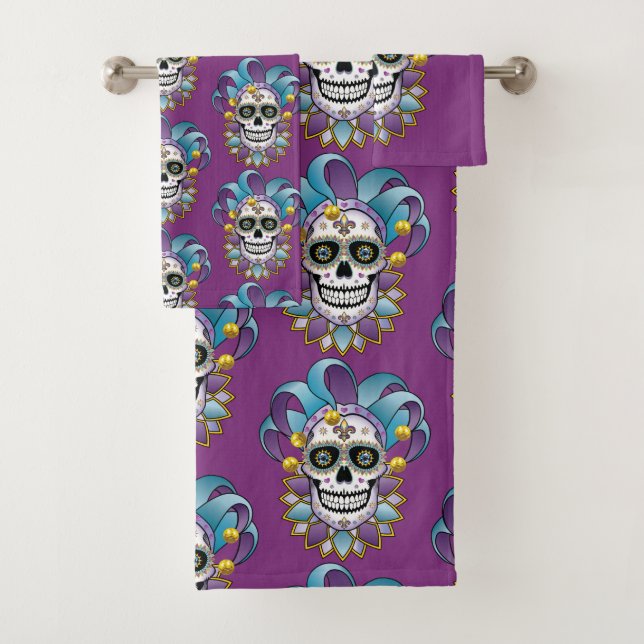 Colorful Jester Skull Bath Towel Set (Insitu)