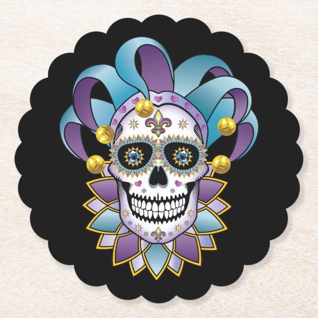 Colorful Jester Skull Paper Coaster (Front)
