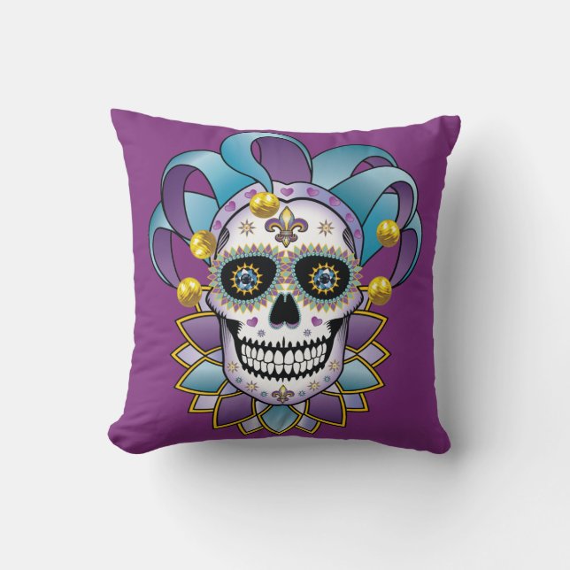 Colorful Jester Skull Throw Pillow (Front)