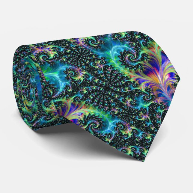 Colorful Jewel Tone Fractal Spiral Abstract Art Neck Tie (Rolled)