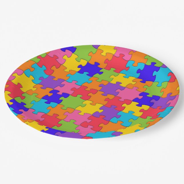 Colorful Jigsaw Puzzle Paper Plates (Angled)