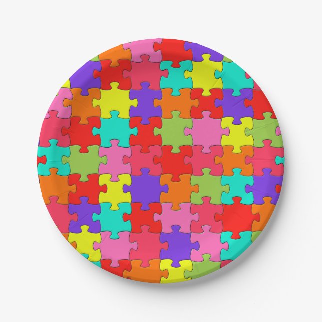 Colorful Jigsaw Puzzle Pattern Paper Plates (Front)