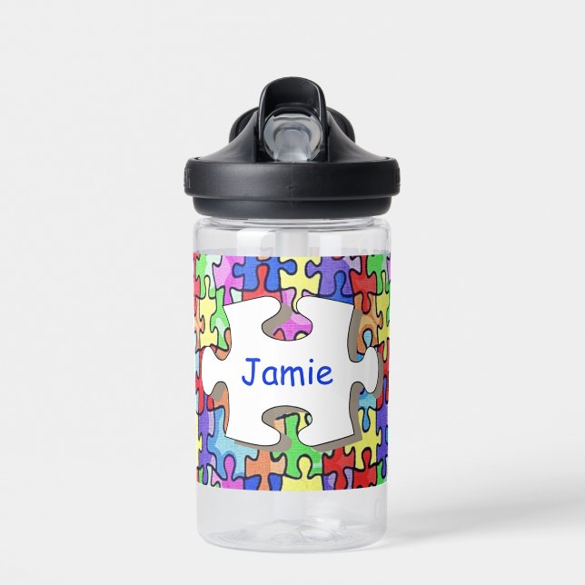 Colorful Jigsaw Puzzle Pattern Personalised Water Bottle (Front)