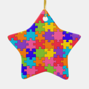 Colorful Jigsaw Puzzle Pieces Happy Puzzler Ceramic Ornament