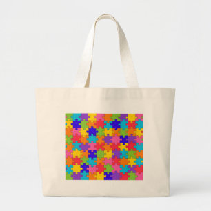 Colorful Jigsaw Puzzle Pieces Happy Puzzler Large Tote Bag